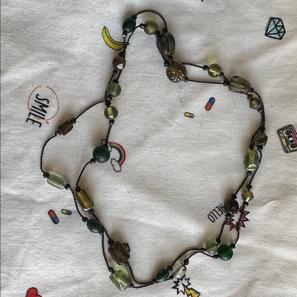 36” Hand Made Glass Beads On Interesting Black Chain, No Clasp